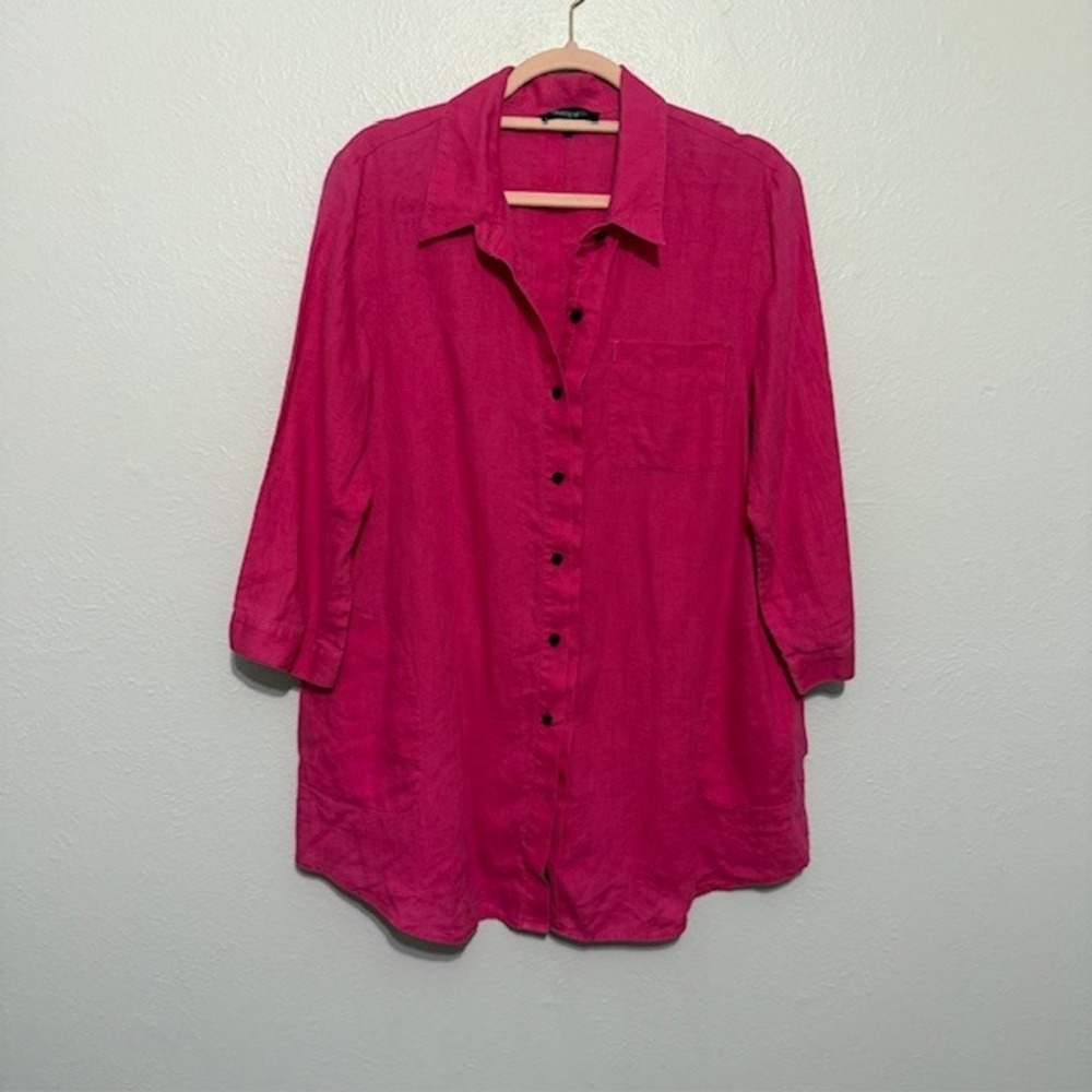 Lafayette 148 100% Linen Button Down Tunic Shirt Dress Fuchsia Pink M Pockets - Picture 1 of 9